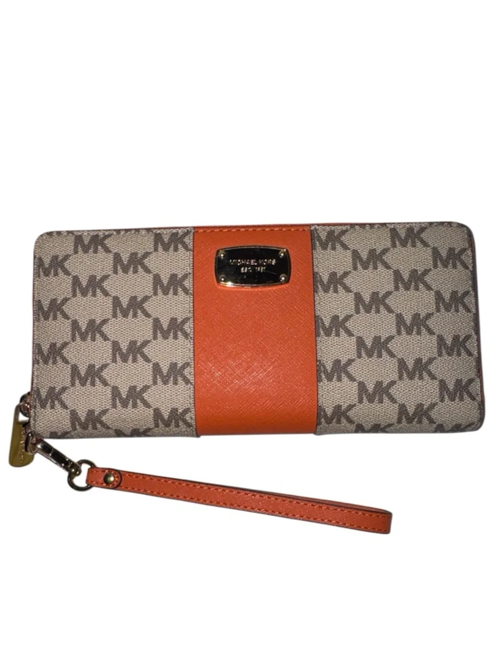Michael Kors Signature MK Zip Around Wallet with Orange Stripe - Picture 4 of 9